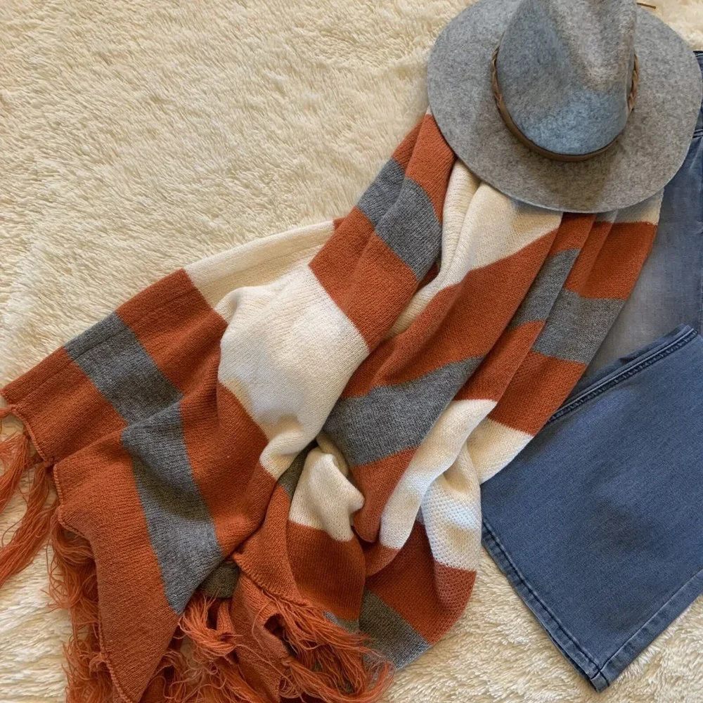 New Western Stripe Fringe Poncho Blanket Cardigan Sweater - Picture 4 of 7